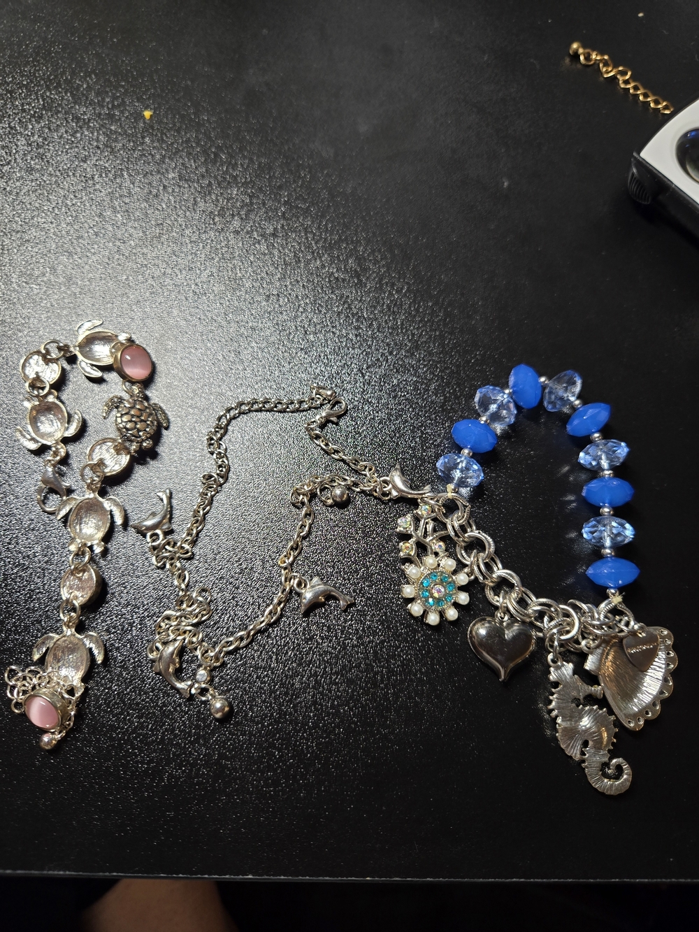 Lot of 3 Vintage Silver Sea Turtle Dolphin Seahorse Shell Ocean Charm Bracelets